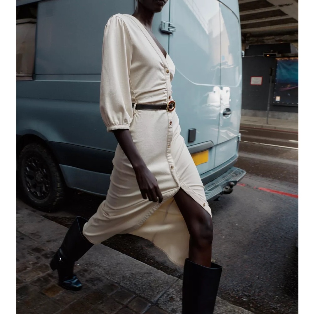 Zara Cream Midi Dress with Belt - Picture 2 of 11